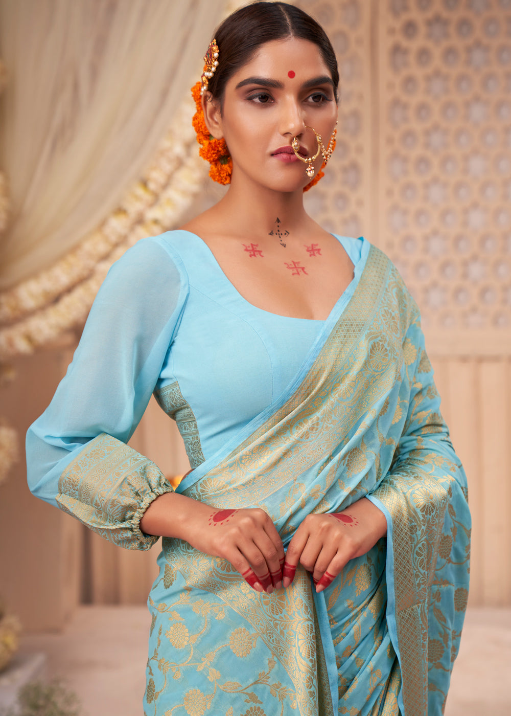 Baby Blue Woven Georgette Saree