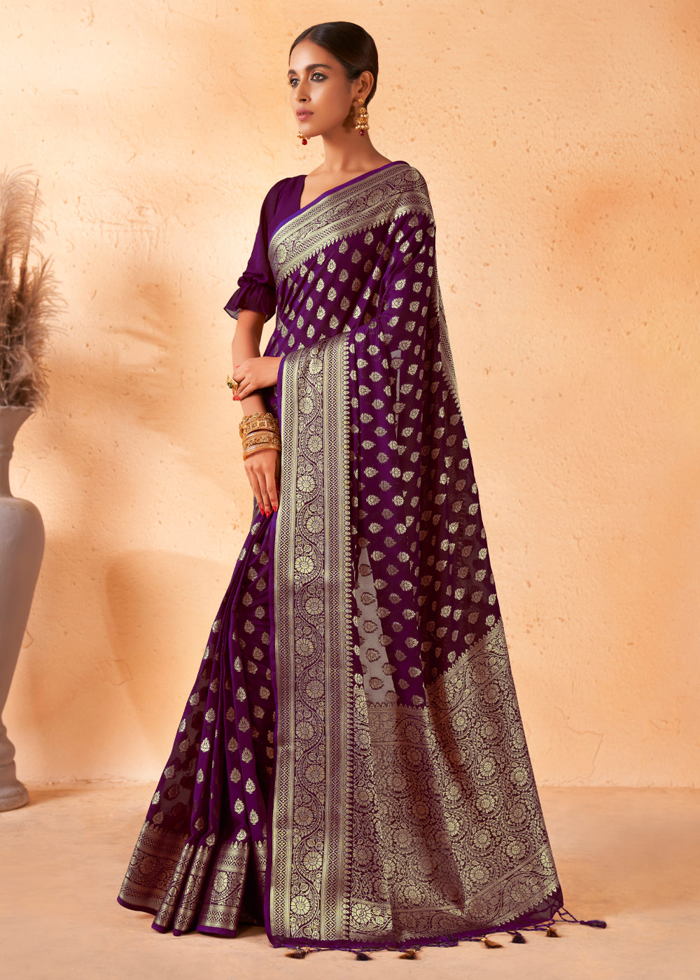 Wine Purple Woven Georgette Saree