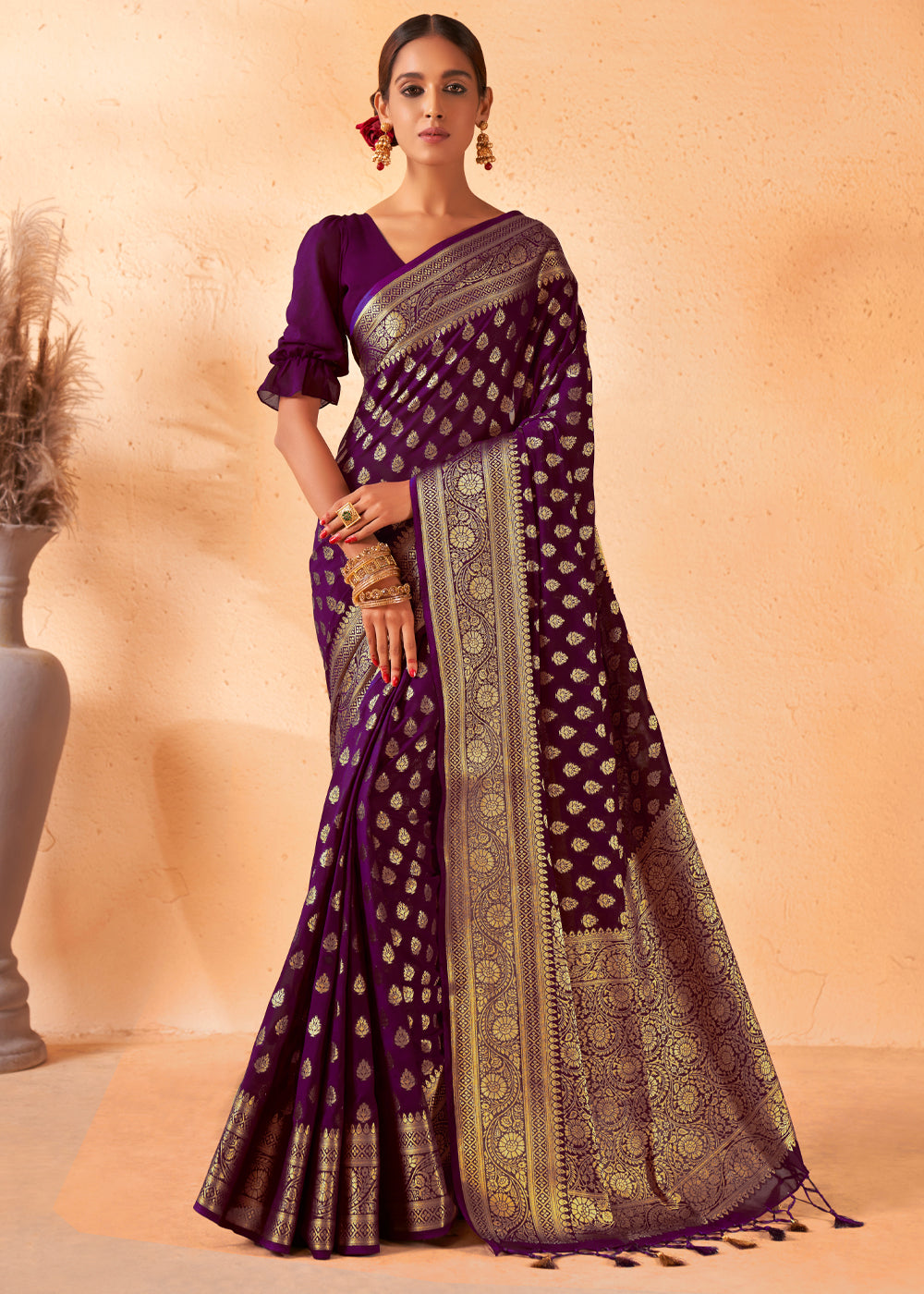 Wine Purple Woven Georgette Saree