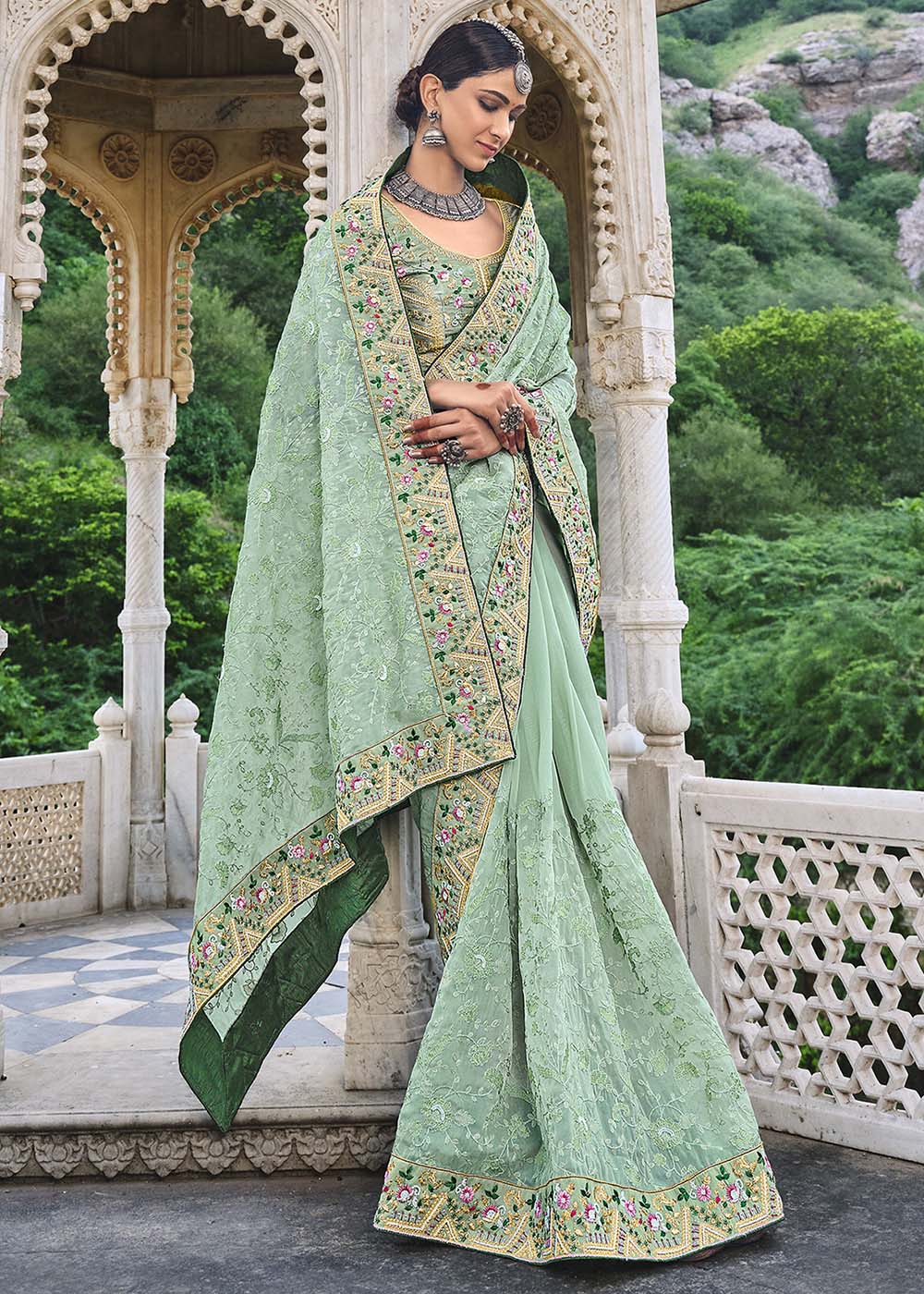 Pista Green Organza Saree with Coding & Moti work