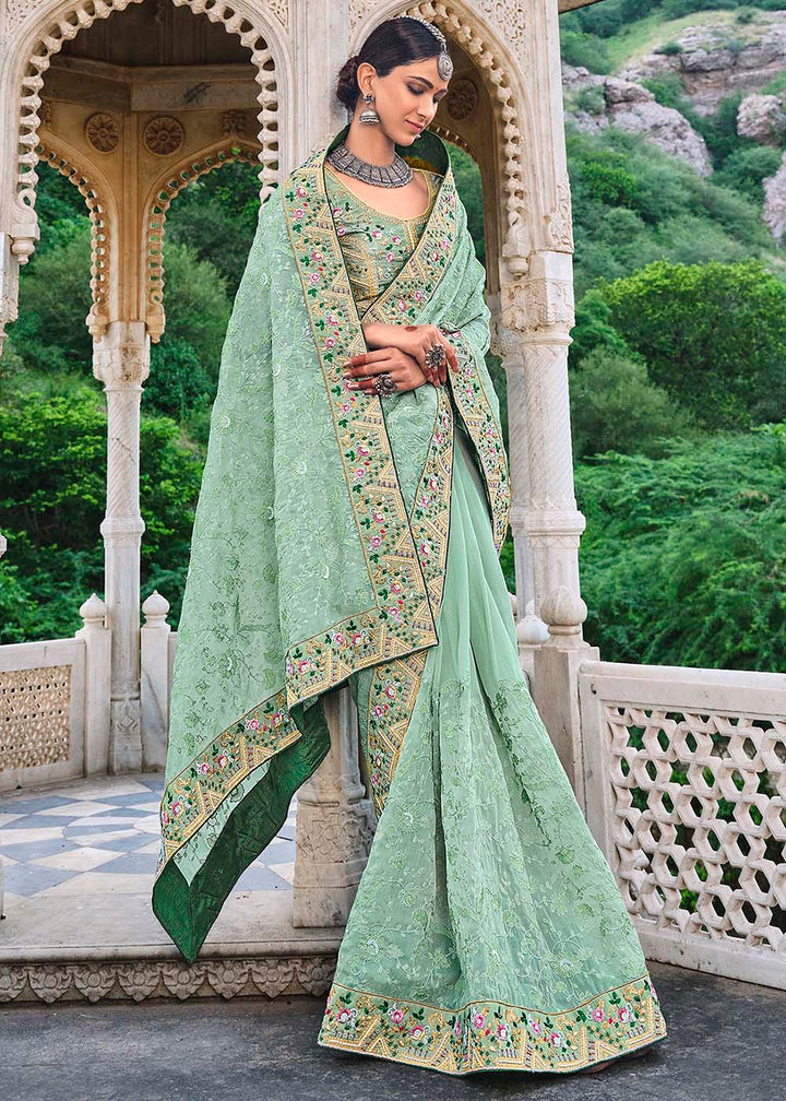 Pista Green Organza Saree with Coding & Moti work