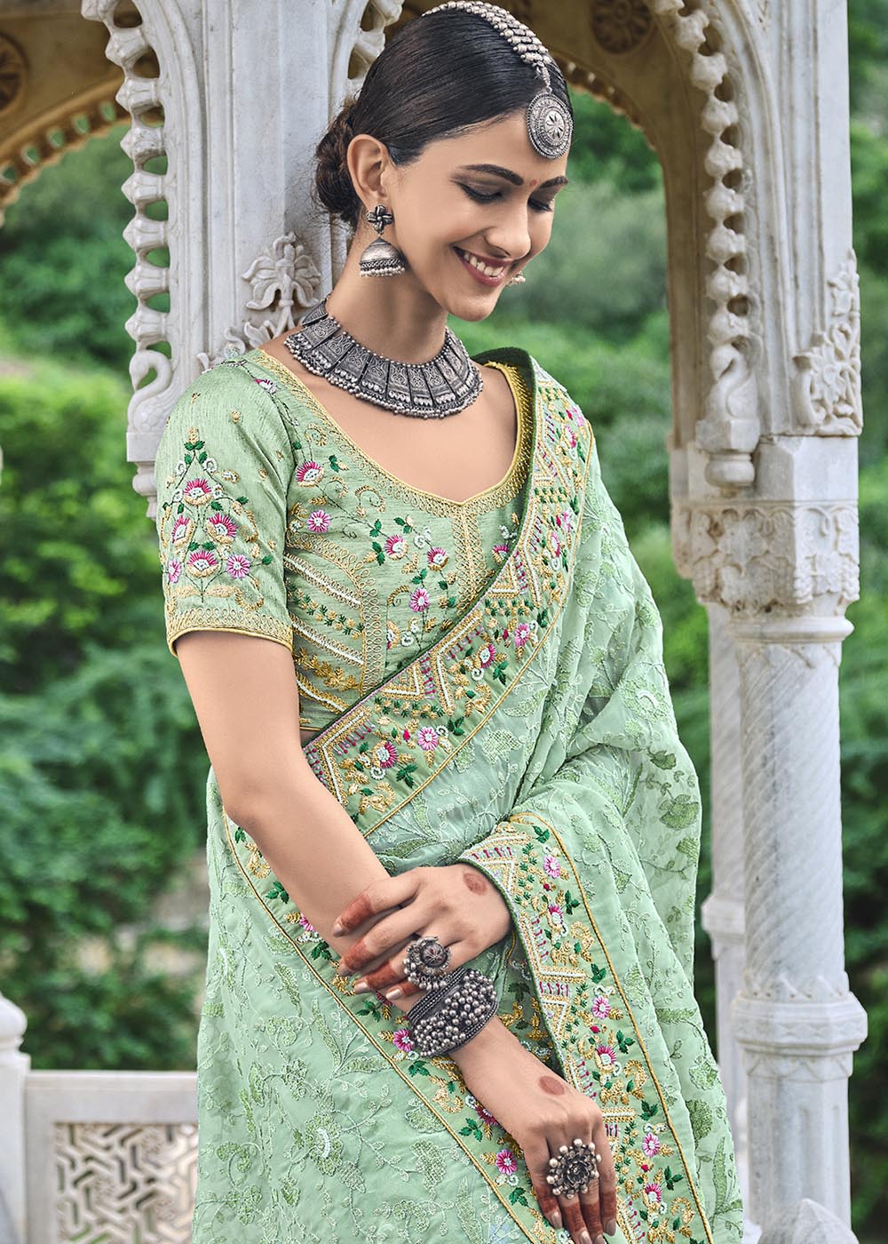 Pista Green Organza Saree with Coding & Moti work