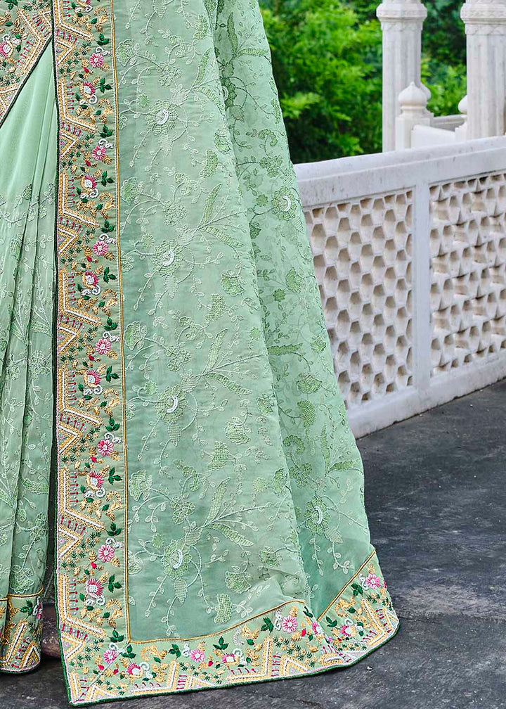 Pista Green Organza Saree with Coding & Moti work