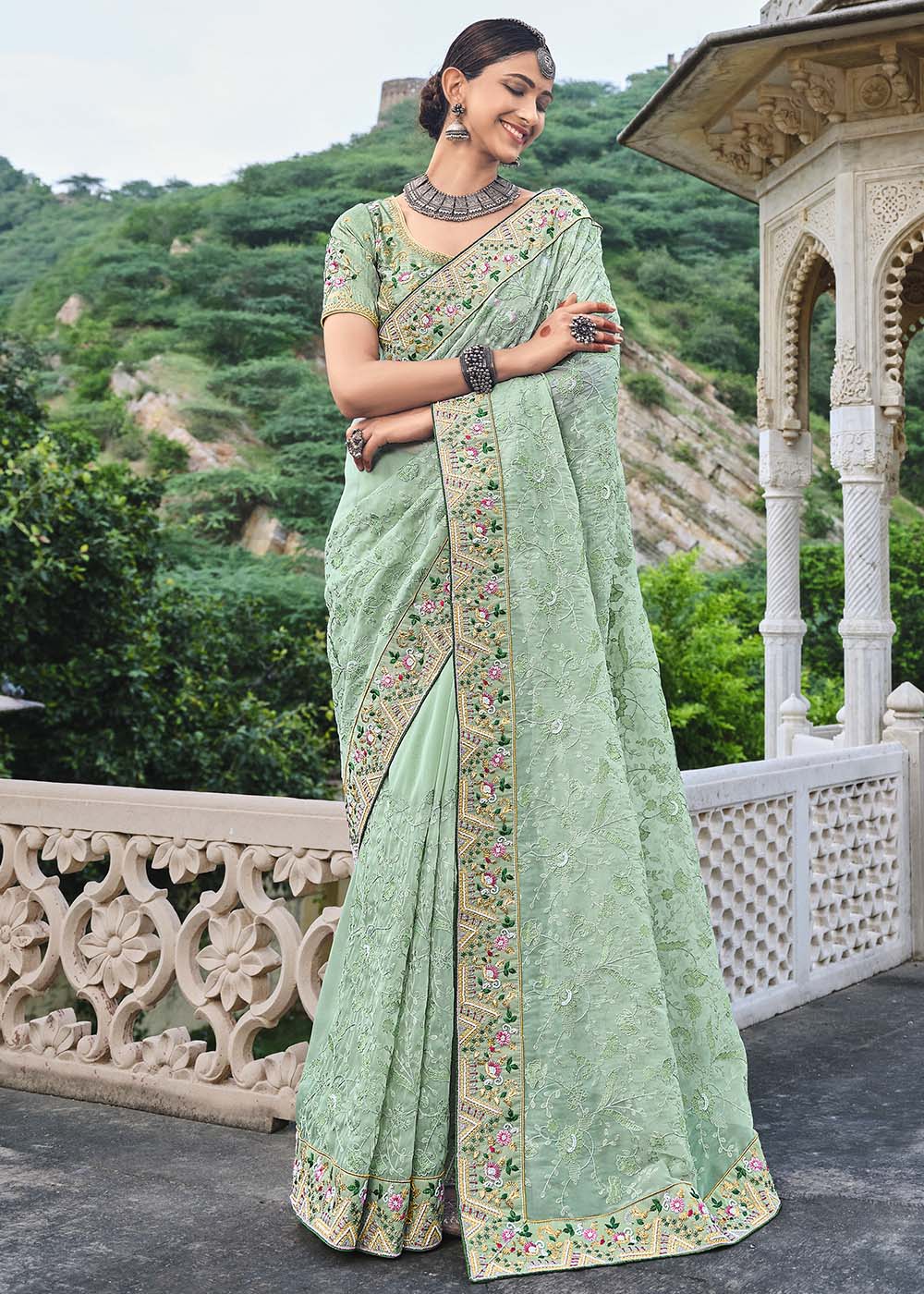 Pista Green Organza Saree with Coding & Moti work