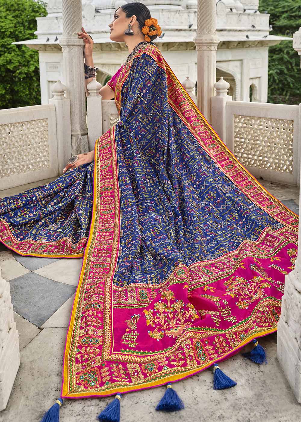 Azure Blue Banarasi Silk Saree with Mirror,Diamond & Pure Kachhi work