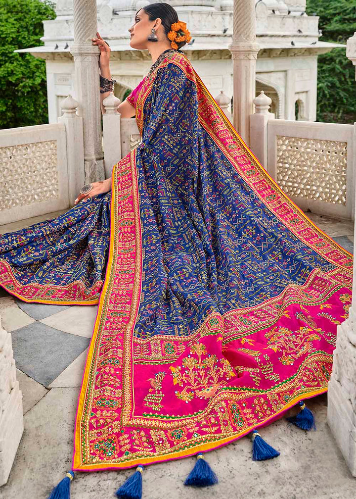 Azure Blue Banarasi Silk Saree with Mirror,Diamond & Pure Kachhi work