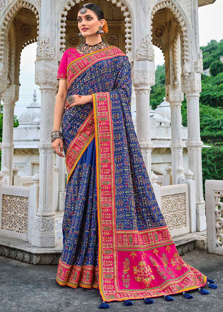 Azure Blue Banarasi Silk Saree with Mirror,Diamond & Pure Kachhi work