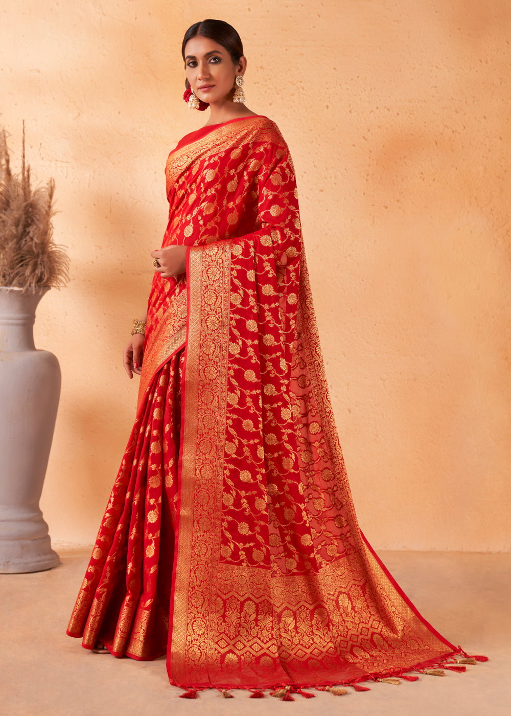 Venetian Red Woven Georgette Saree