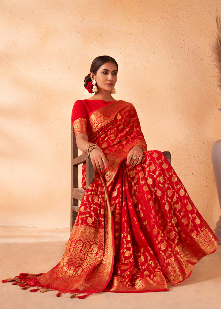 Venetian Red Woven Georgette Saree