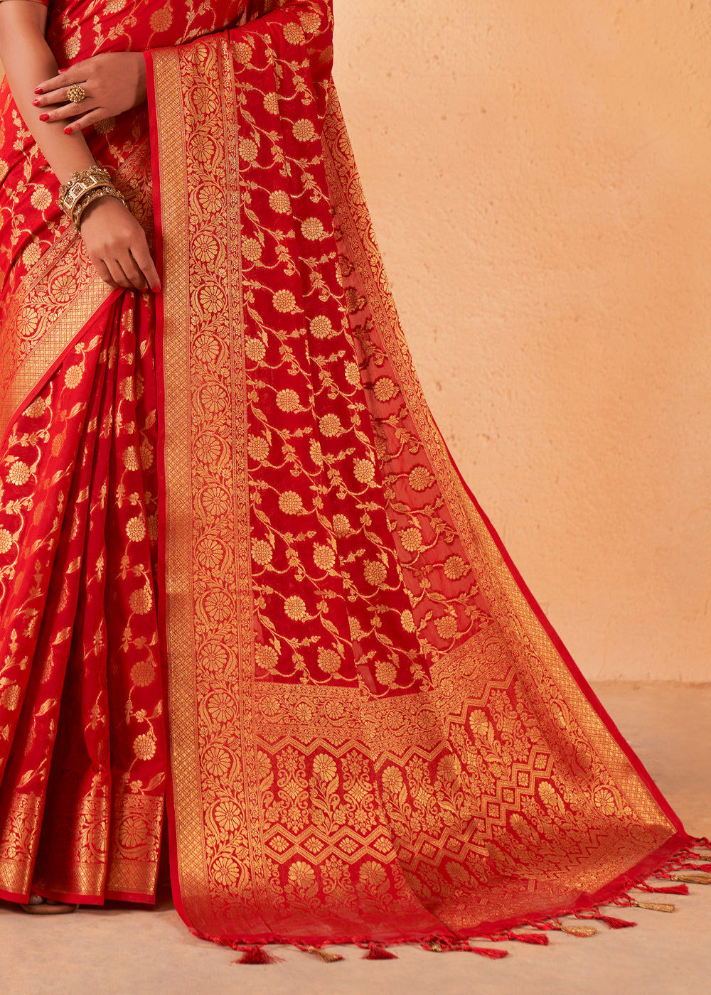 Venetian Red Woven Georgette Saree