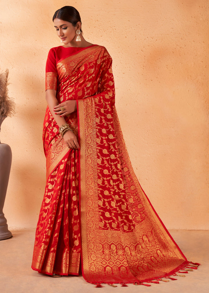 Venetian Red Woven Georgette Saree