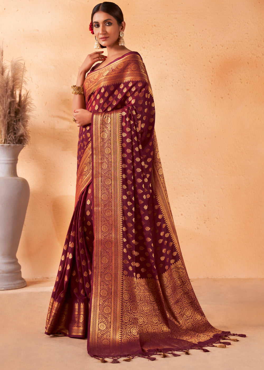 Maroon Brown Woven Georgette Saree