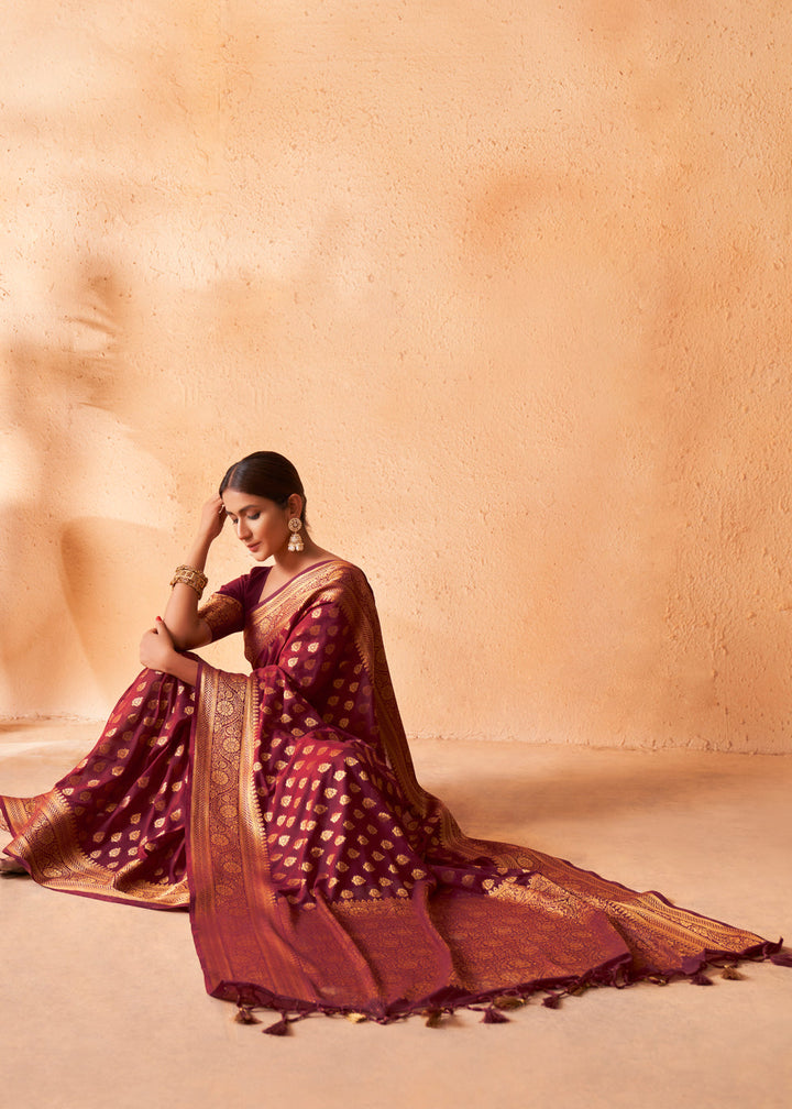 Maroon Brown Woven Georgette Saree