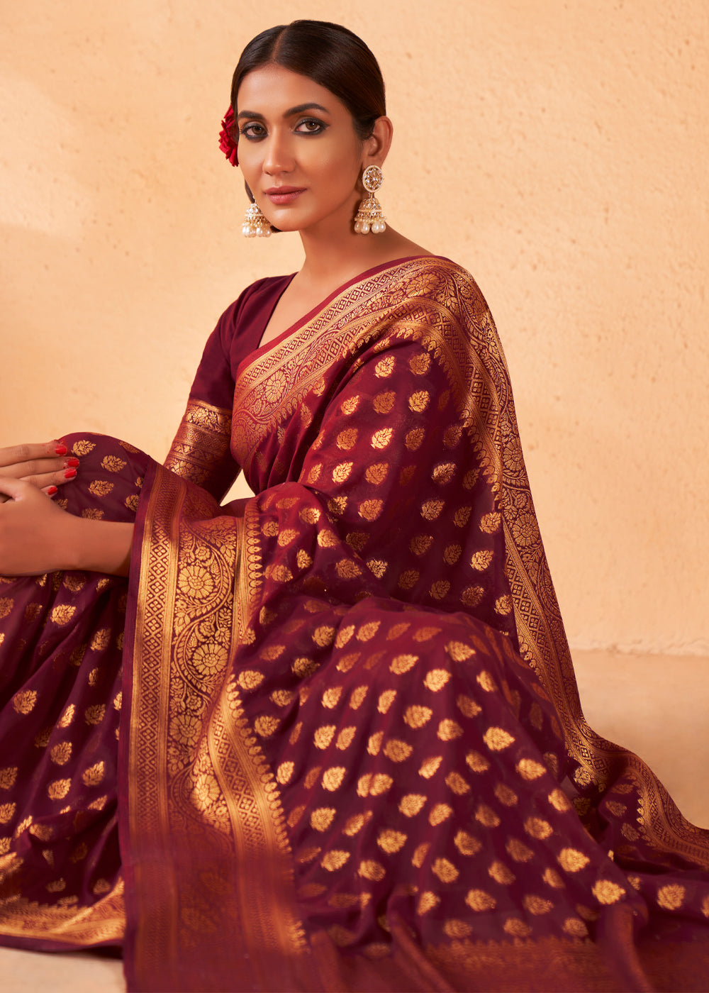 Maroon Brown Woven Georgette Saree