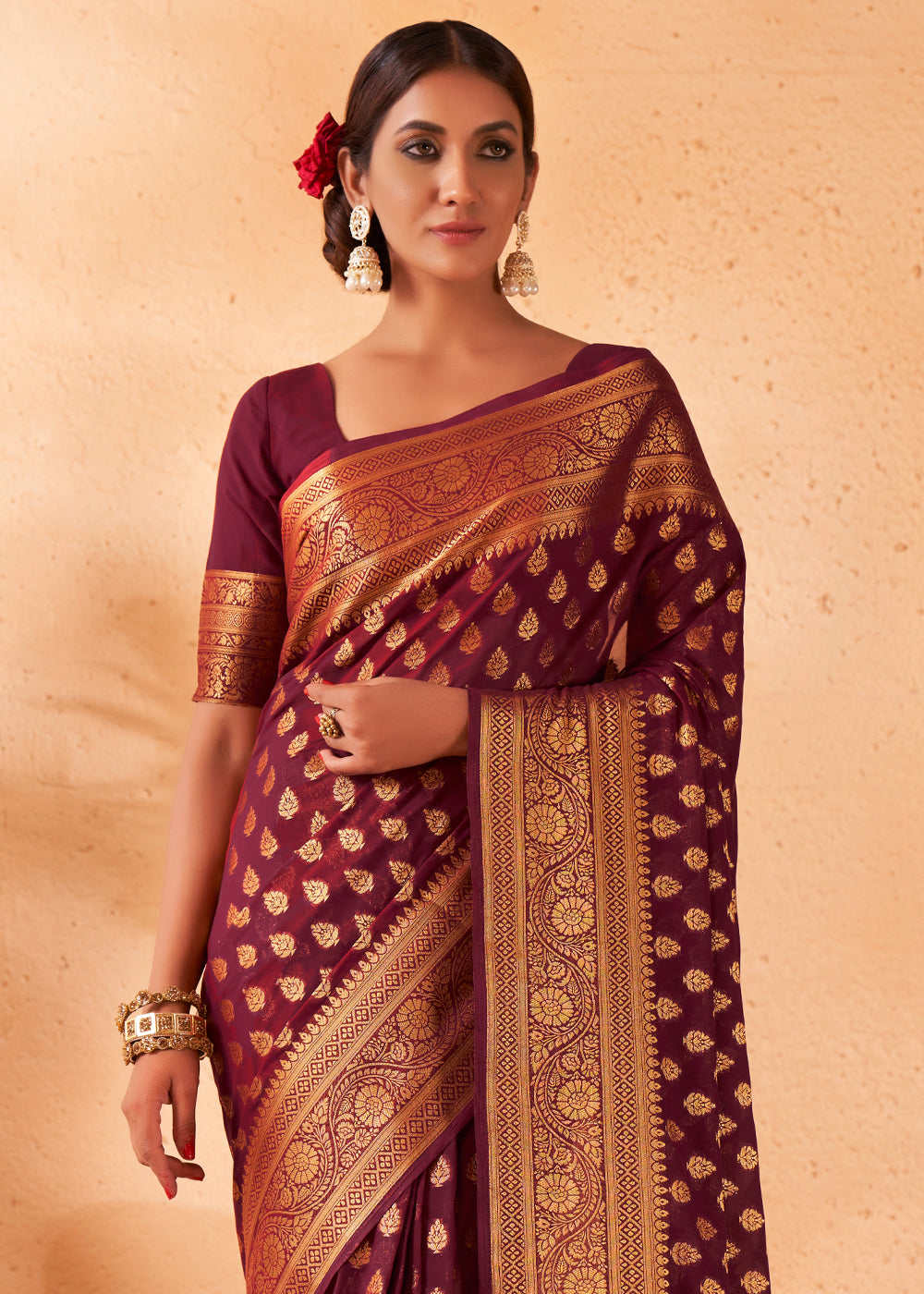 Maroon Brown Woven Georgette Saree