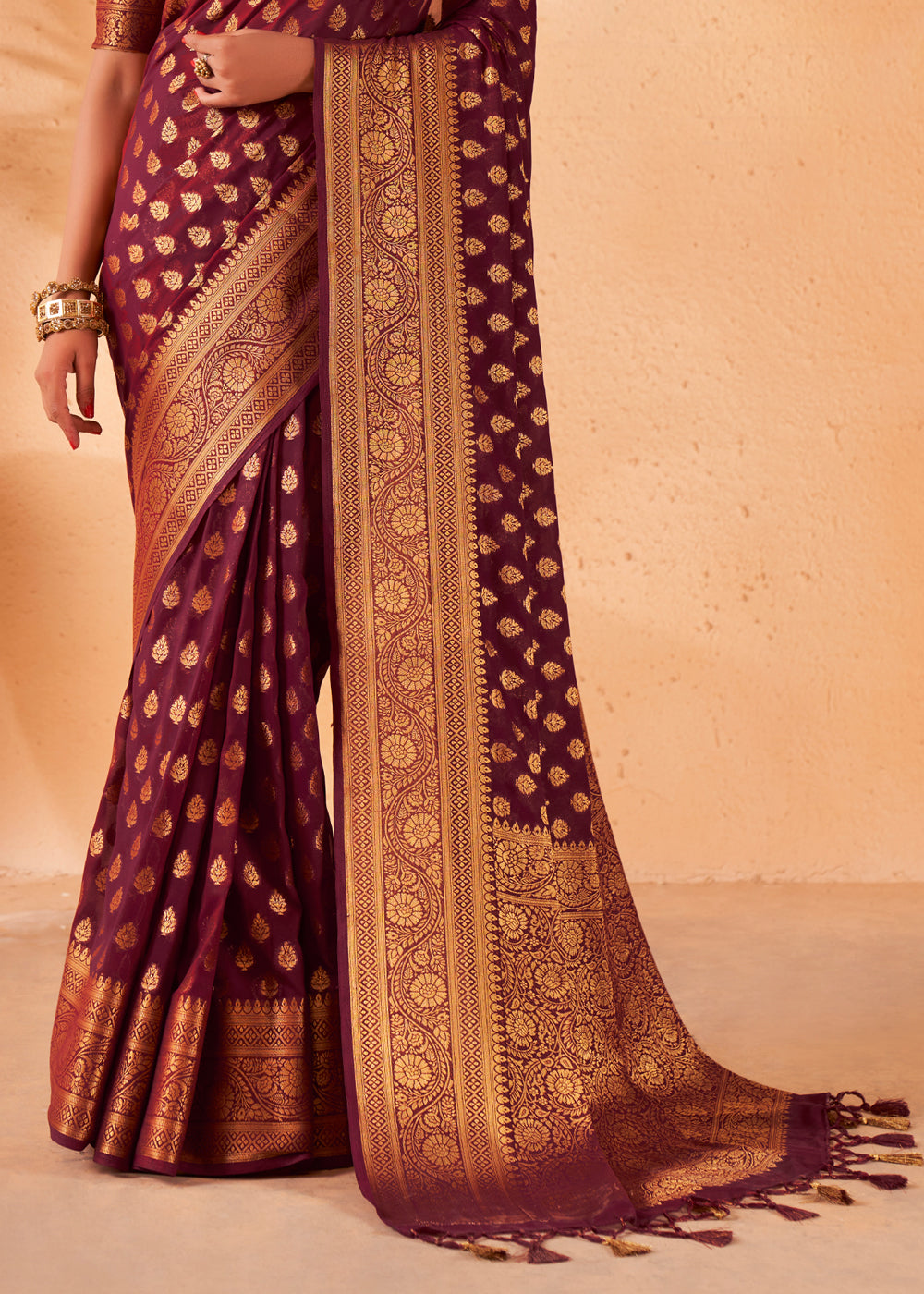 Maroon Brown Woven Georgette Saree