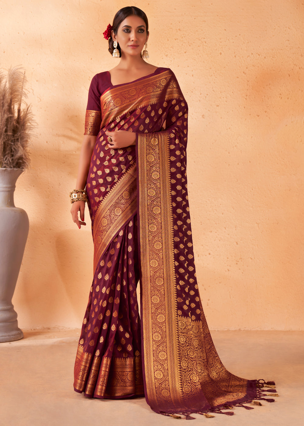 Maroon Brown Woven Georgette Saree