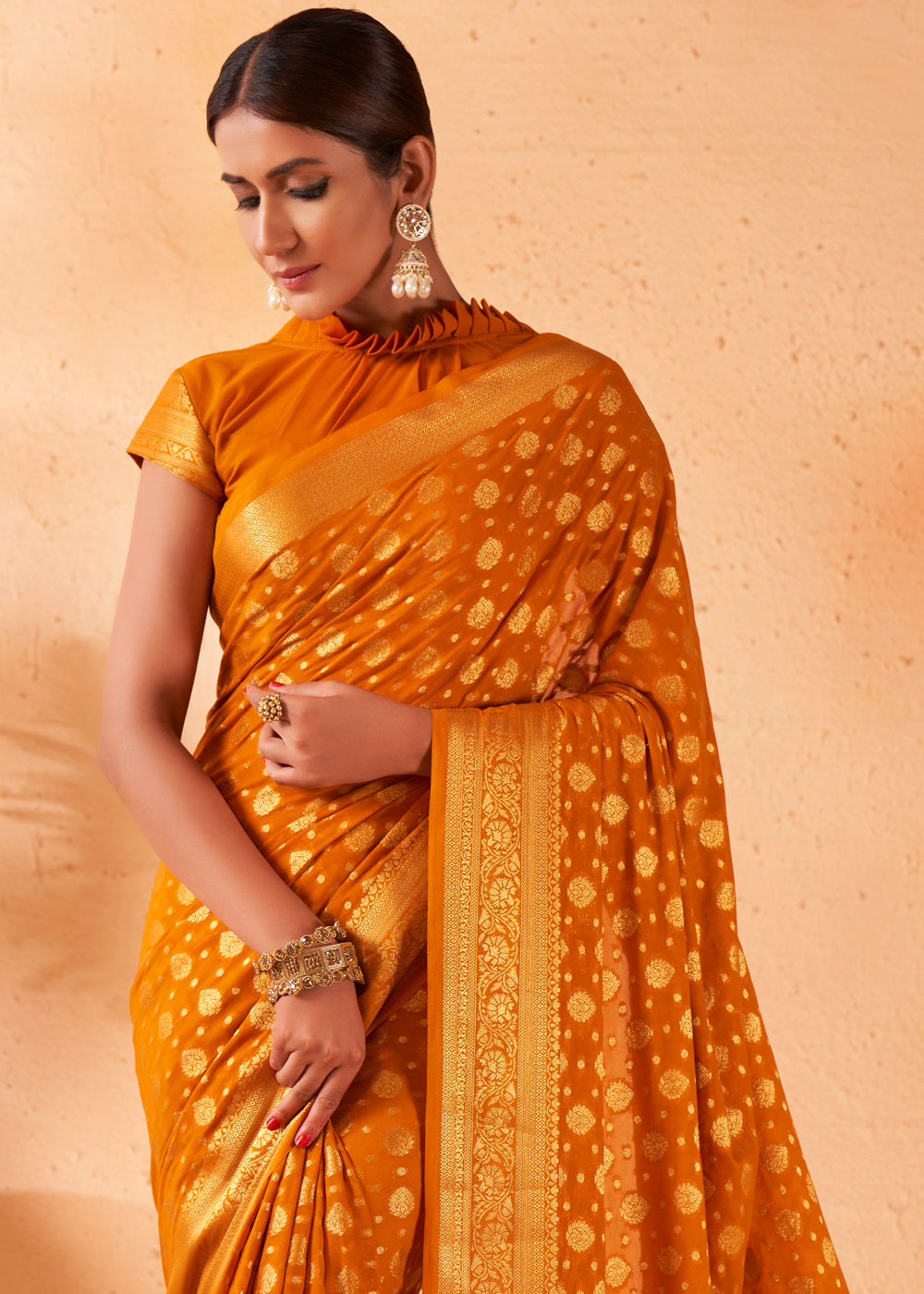 Mustard Yellow Woven Georgette Saree