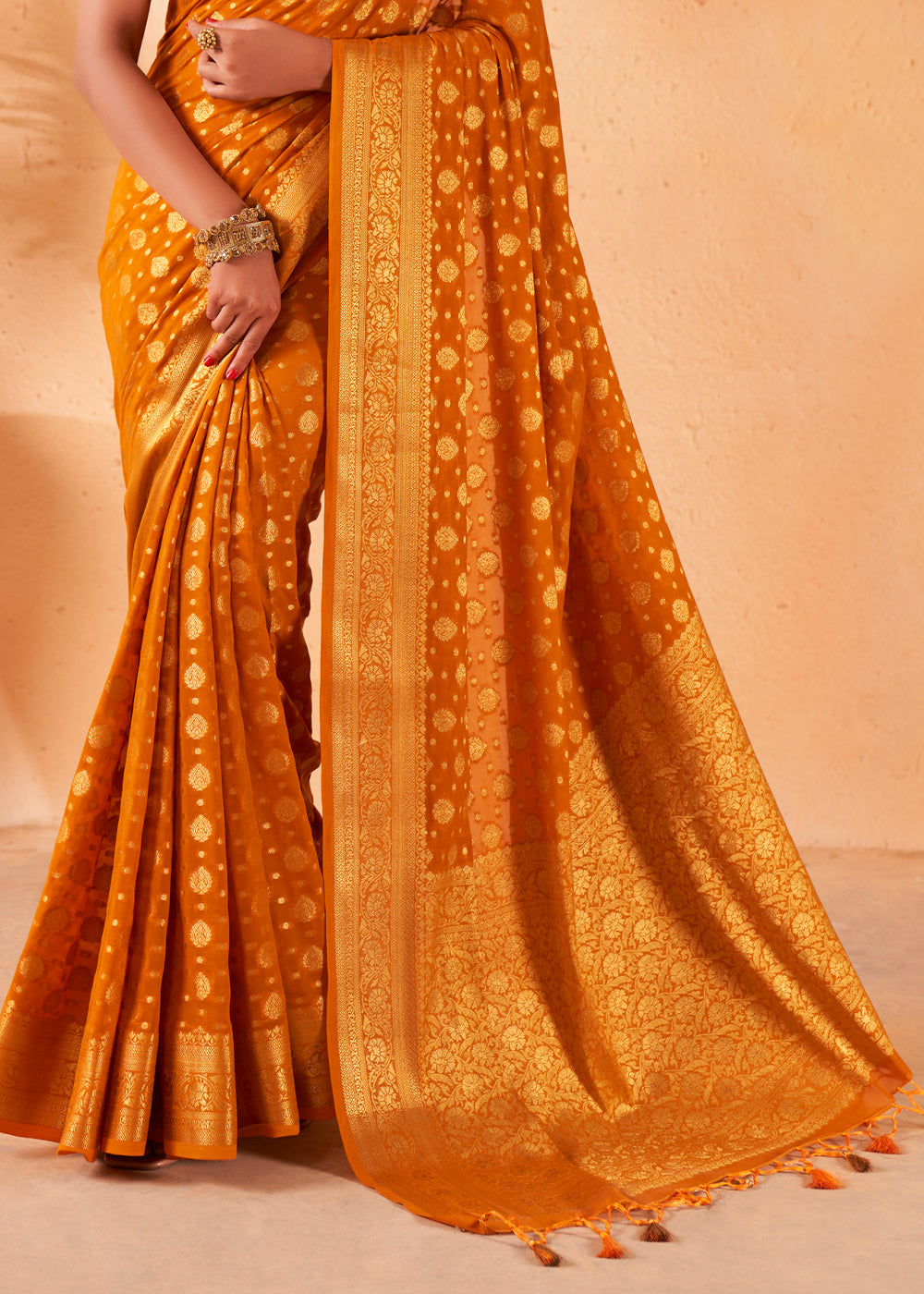 Mustard Yellow Woven Georgette Saree