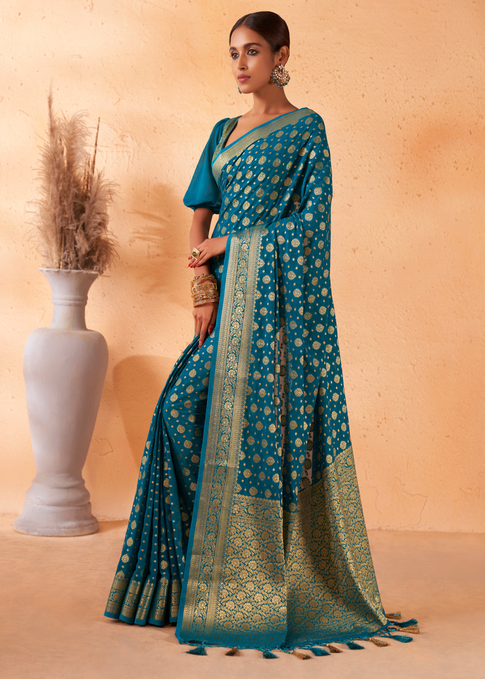 Cerulean Blue Woven Georgette Saree