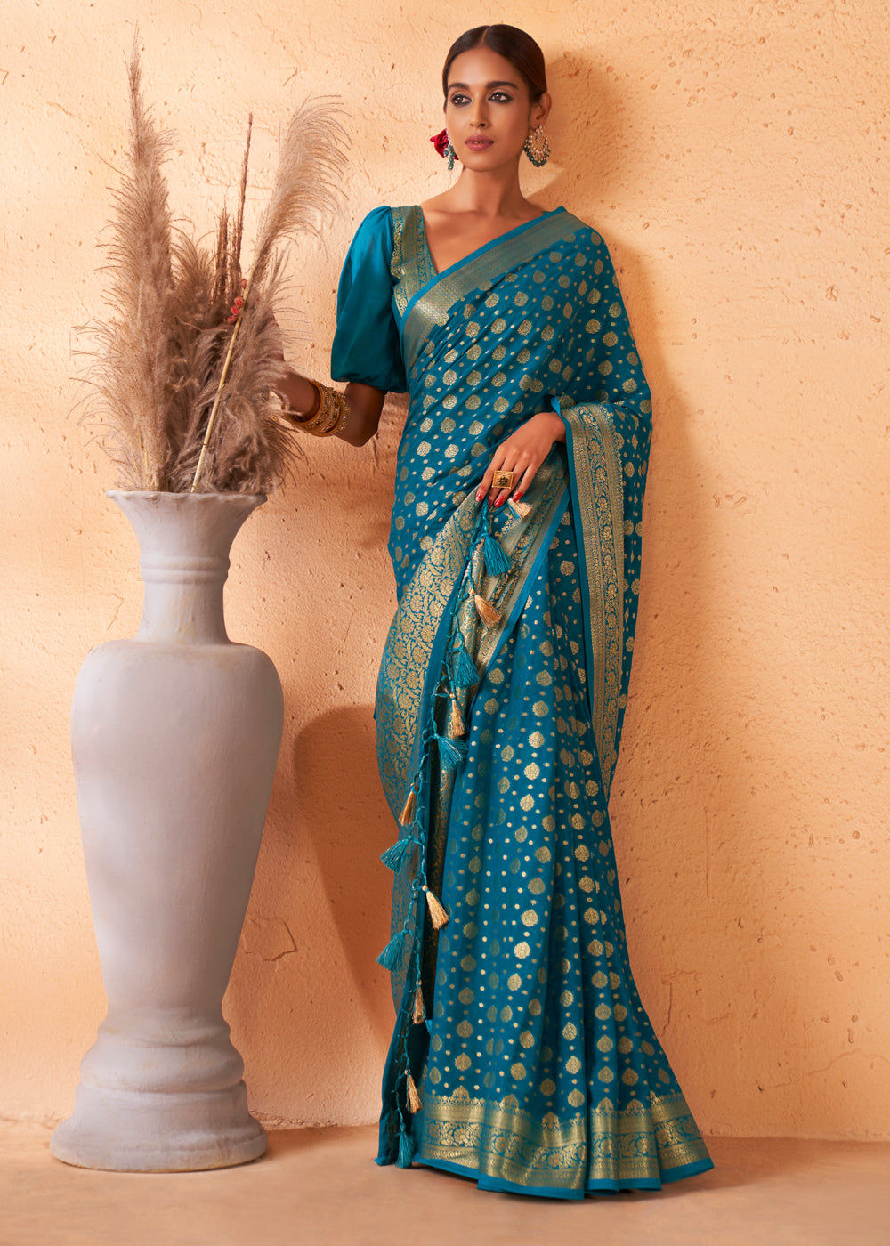 Cerulean Blue Woven Georgette Saree