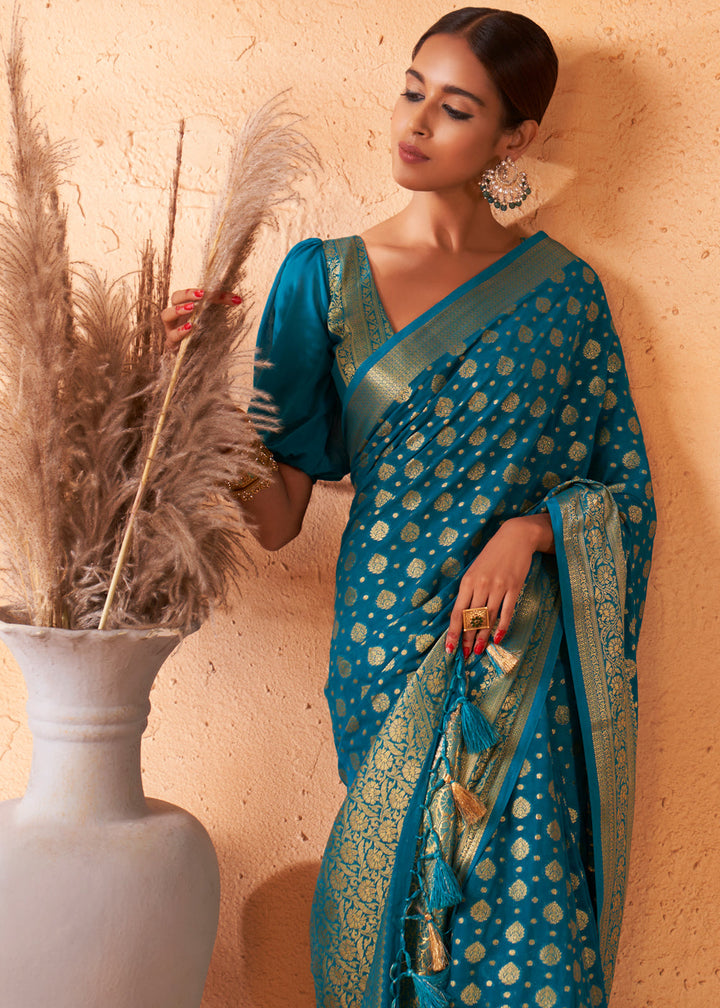 Cerulean Blue Woven Georgette Saree