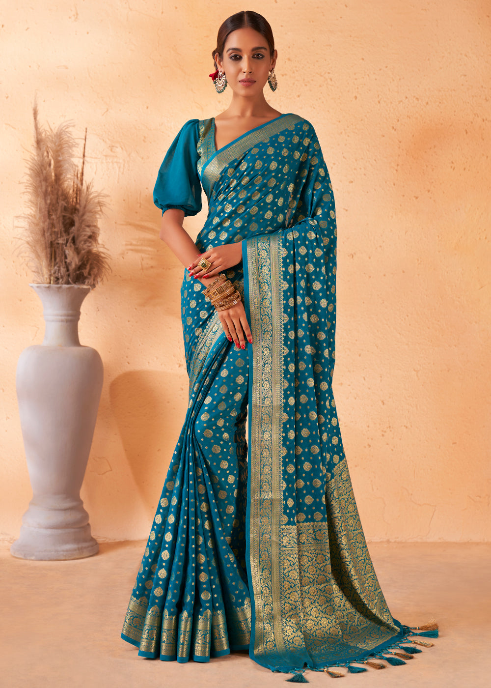 Cerulean Blue Woven Georgette Saree