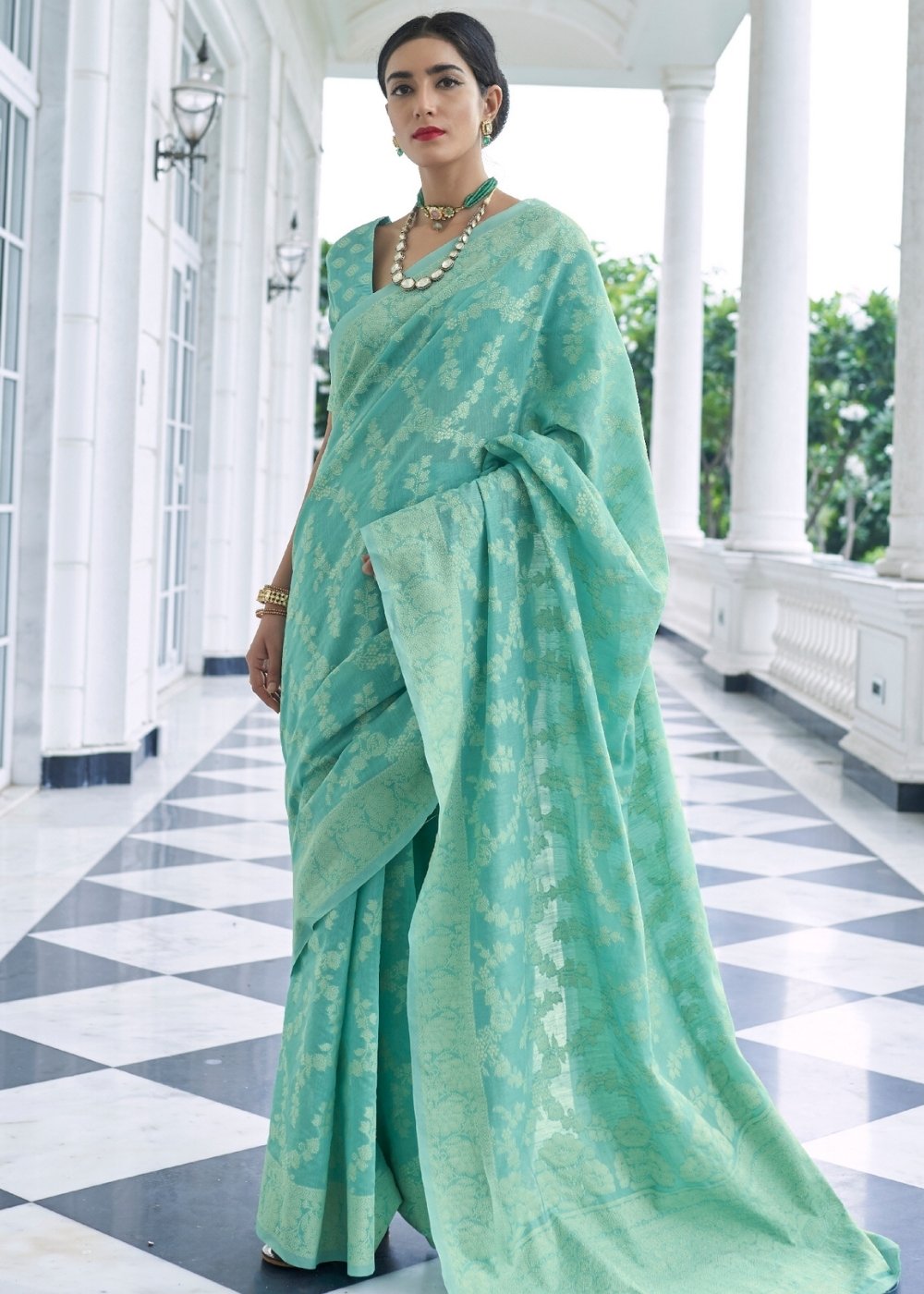 Caribbean Green Lucknowi Chikankari Weaving Silk Saree