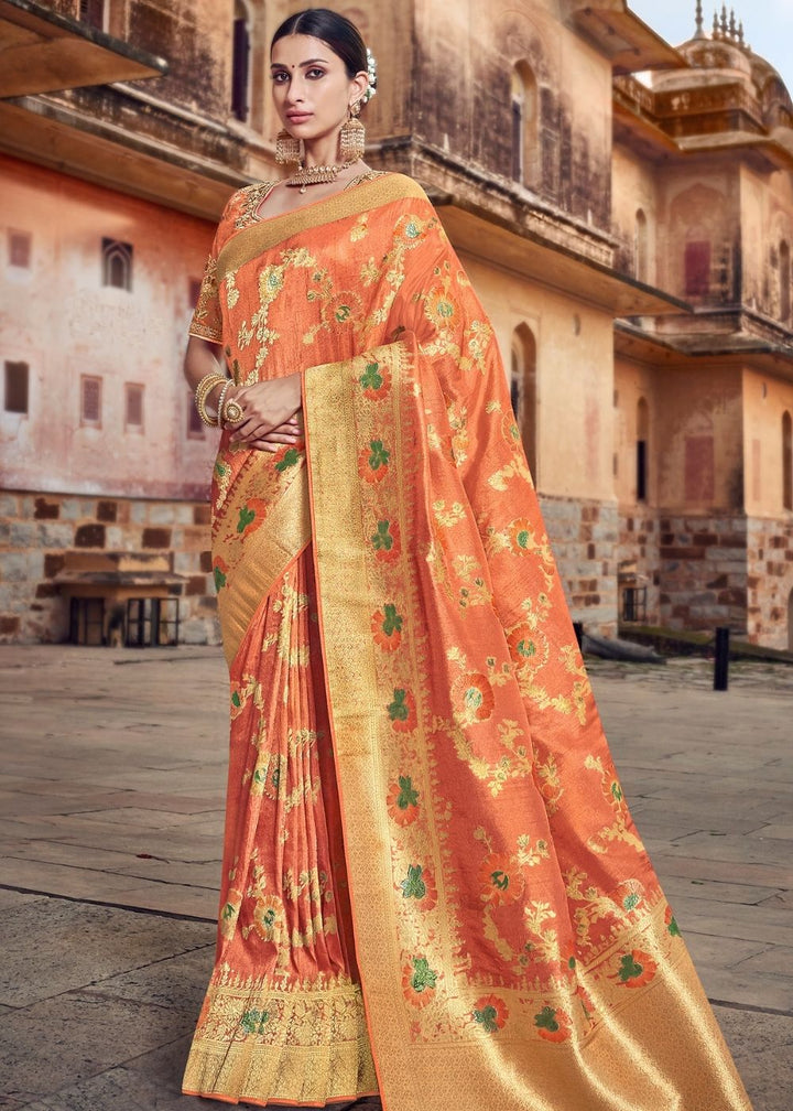 Carrot Orange Chanderi-Banarasi Fusion Woven Saree