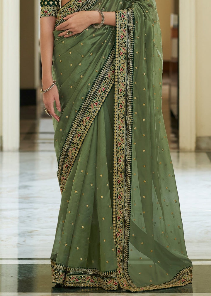 Olive Green Organza Saree with Dori, Sequins & Zari work : Top Pick