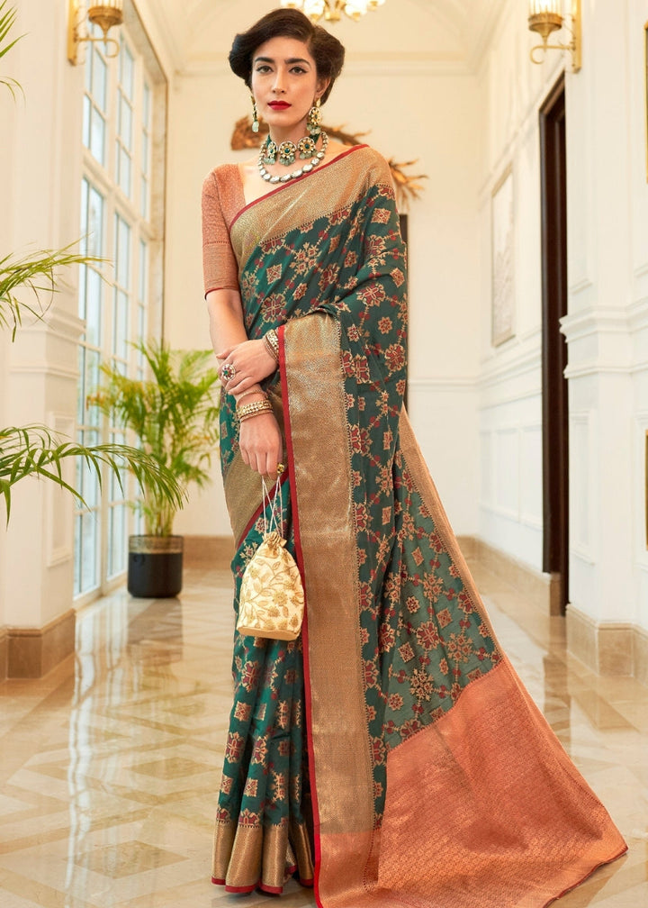 Dark Green Patola Silk Saree with Golden Border