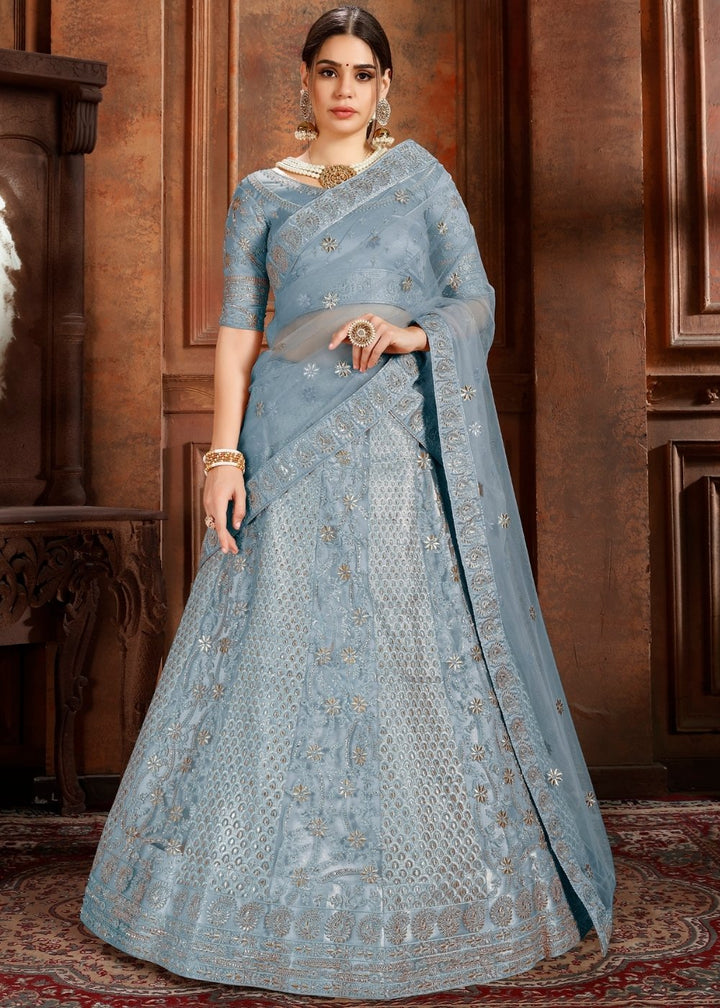 Pigeon Blue Soft Net Lehenga Choli with Thread,Zari, Zarkan & Pearl work