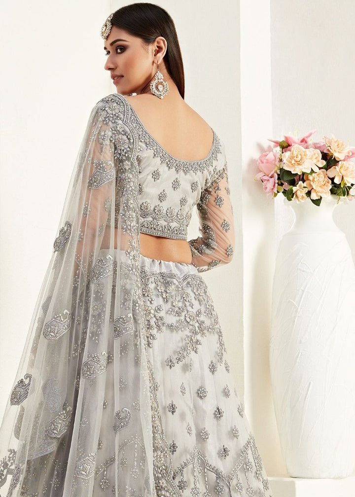 Pewter Grey Soft Net Lehenga Choli with Coding, Thread, Stonework & Badla Embroidery