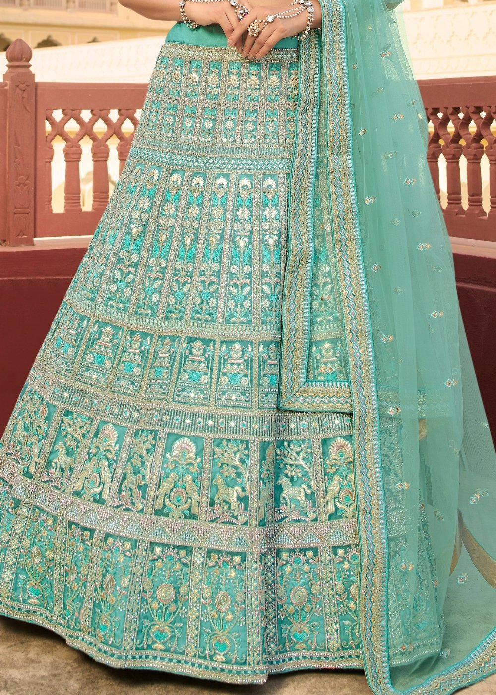 Light Turquoise Blue Organza Lehenga Choli with Zari, Dori, Resham,Gota & Zarkan work