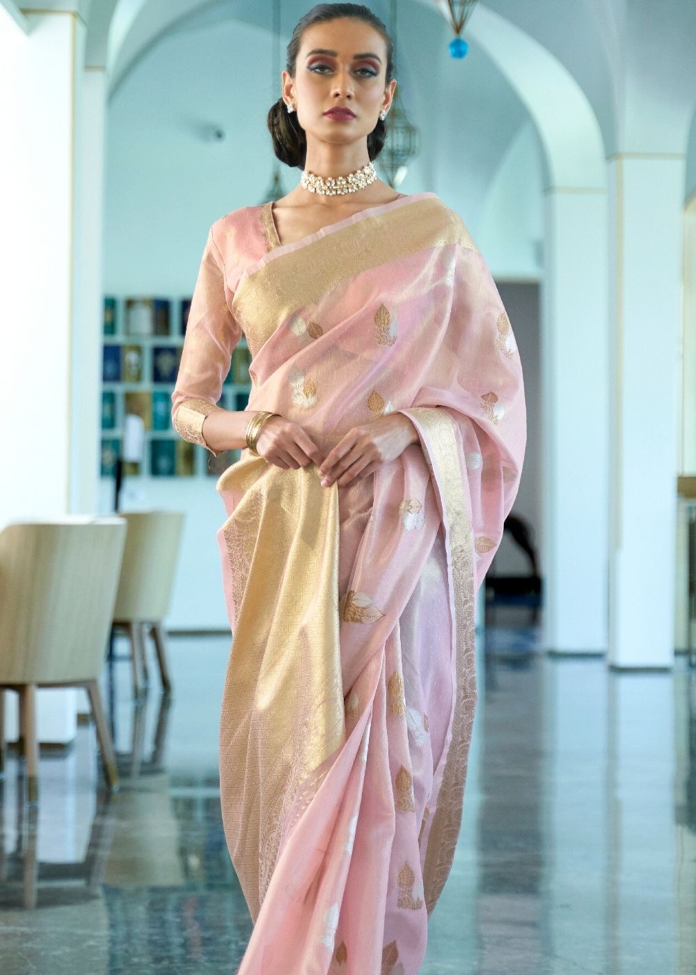 Lavender Pink Zari Woven Organza Silk Saree