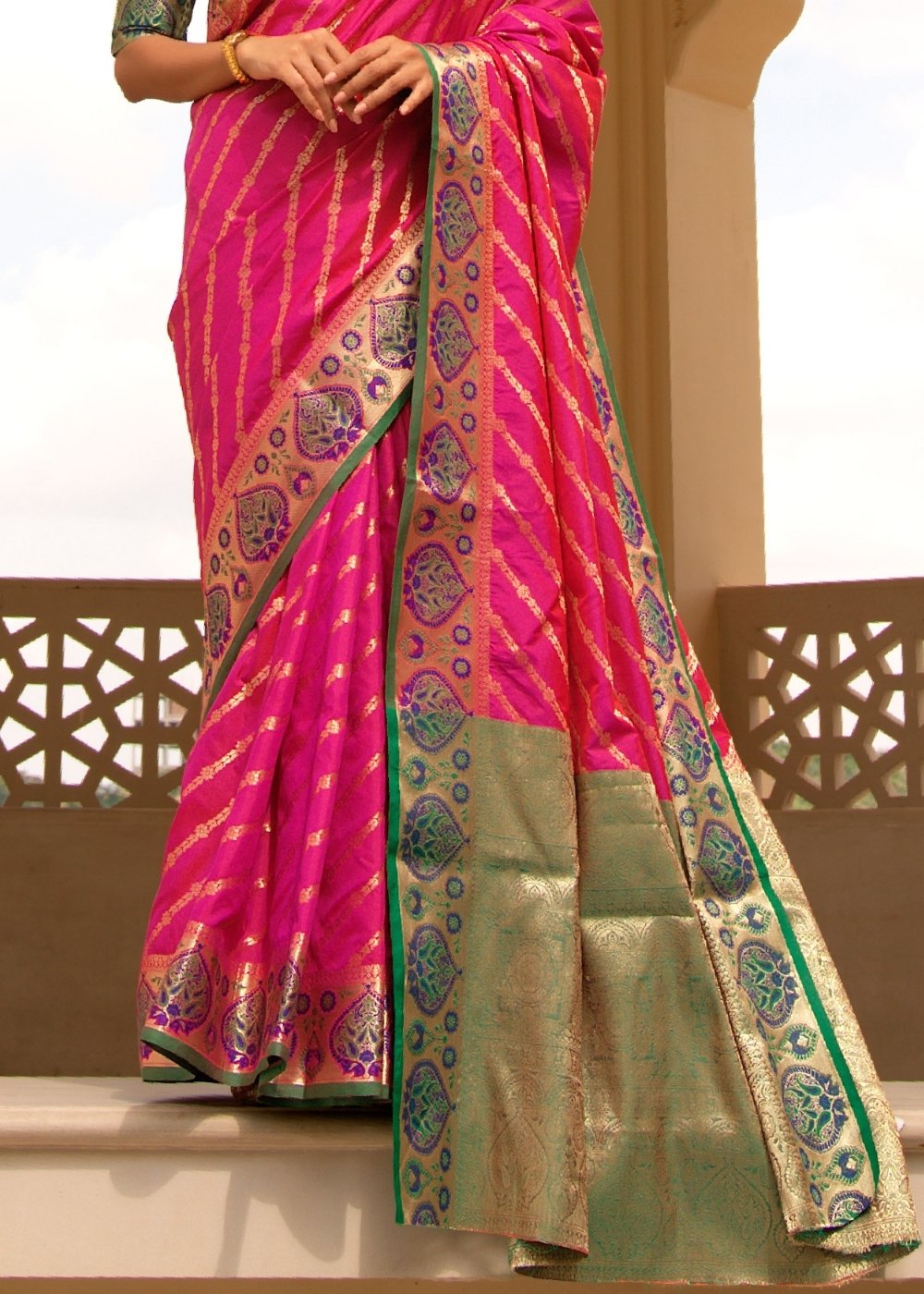 Hot Pink Woven Soft Banarasi Silk Saree with Contrast Pallu & Blouse