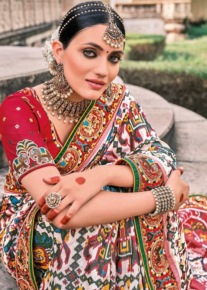 Pearl White Patan Patola Silk Saree with Embroidered Blouse