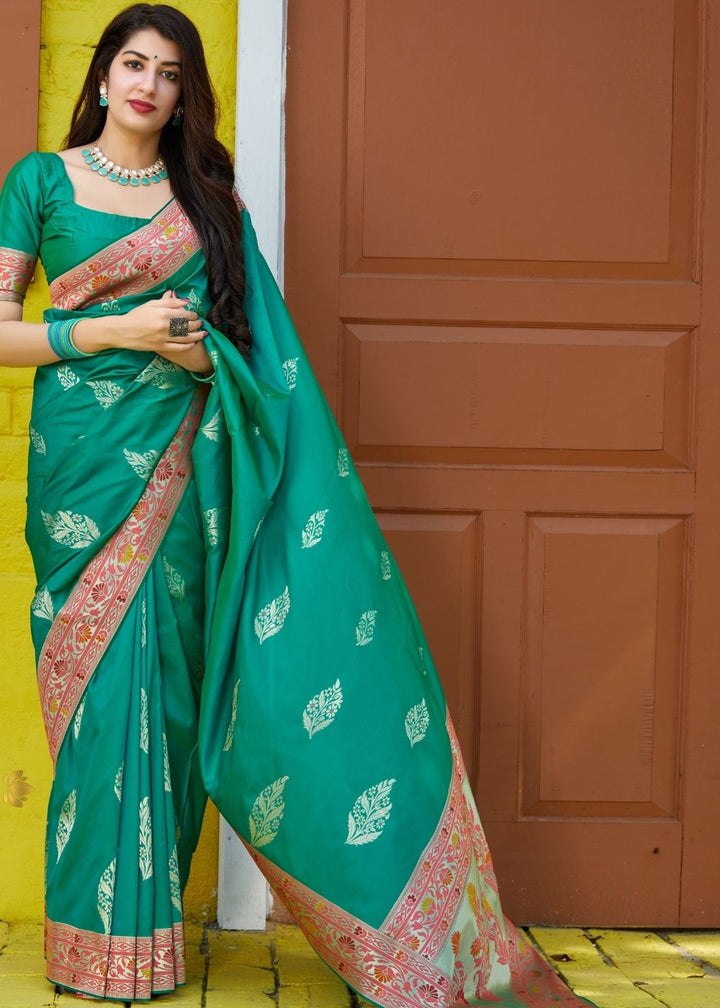 Teal Green Silk Saree with Floral Zari Border and Silver Buti Design