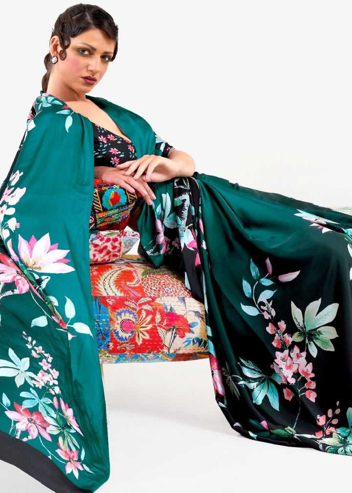 Teal Green Digital Printed Satin Crepe Saree