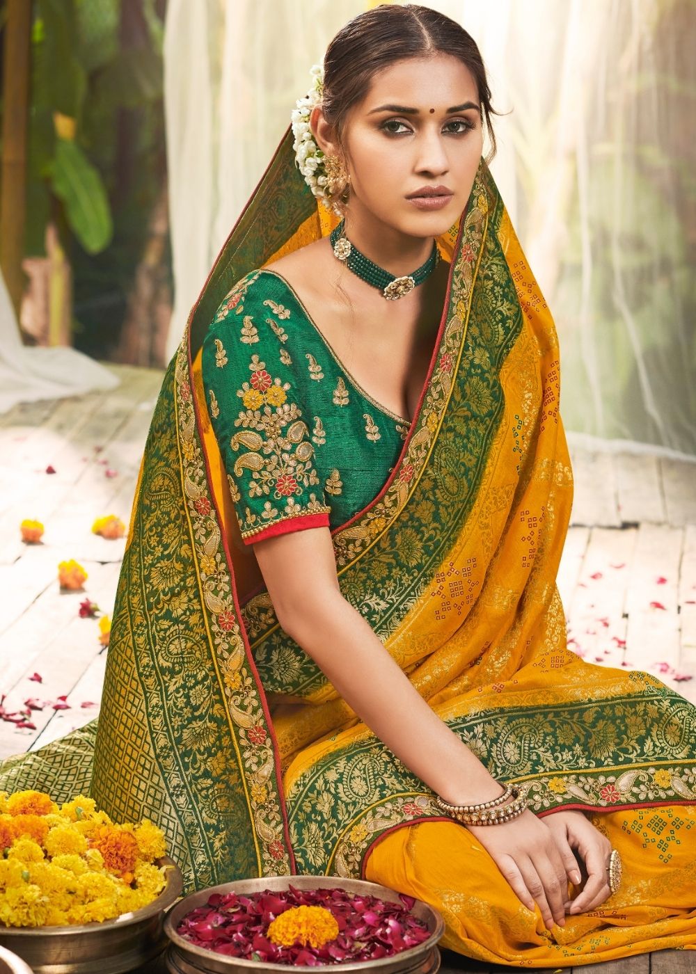 Gold Yellow Banarasi Dola Silk Saree with Resham Embroidery, Zari and Gotta Patti work