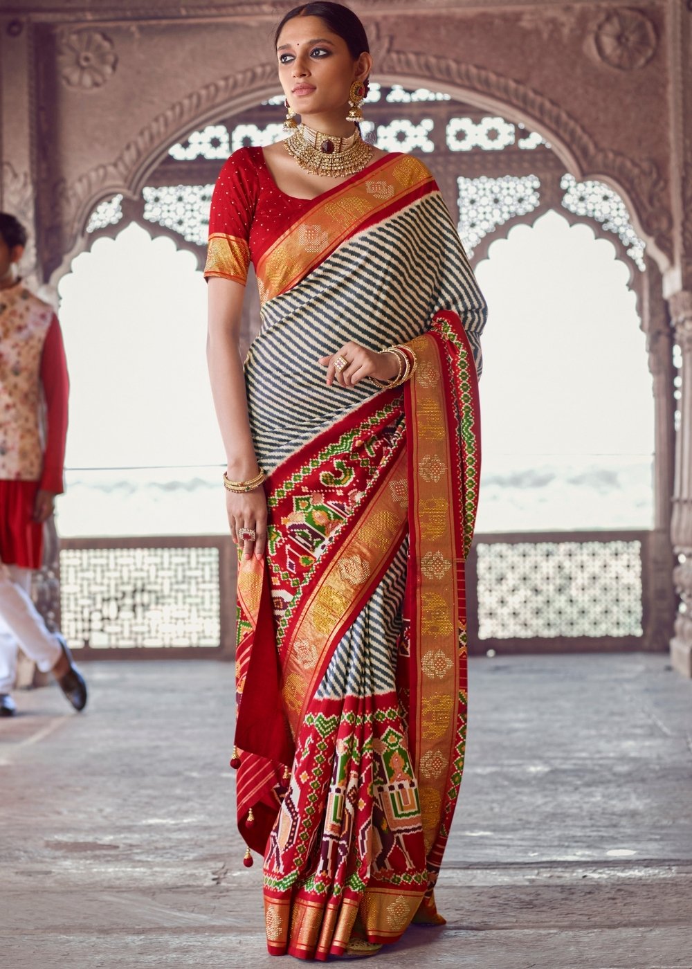 Linen White & Red Patola Silk Saree with Zari Border Pallu & Stone work: Top Pick