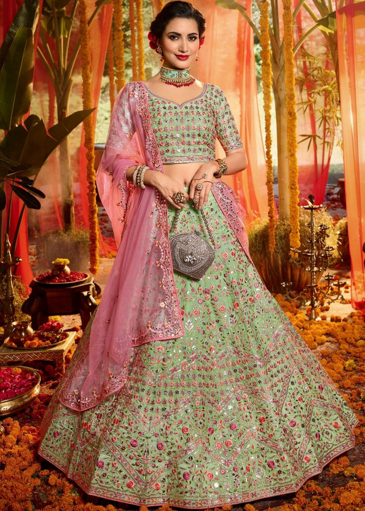 Mint Green Pure Organza Designer Lehenga Choli with Foil, Mirror, Thread and Zari work