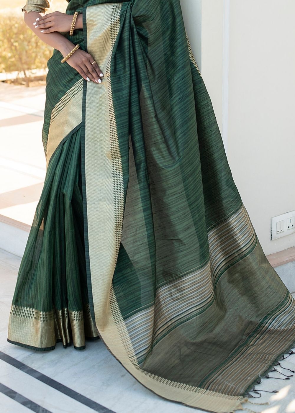 Bottle Green Zari Woven Designer Tussar Silk Saree