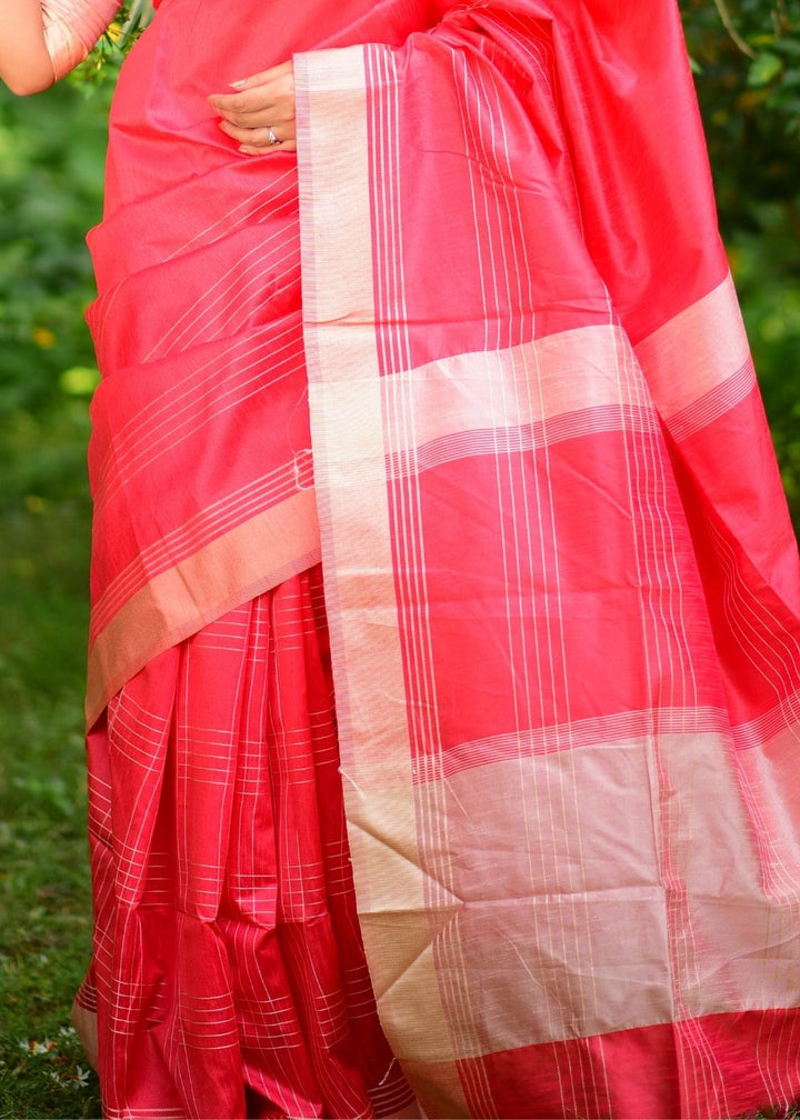 Strawberry Pink Designer Raw Silk Saree