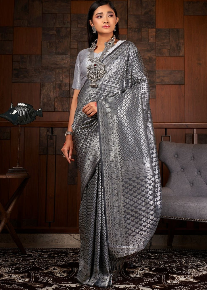 Anchor Grey  Silver Zari work Kanjivaram Silk Saree