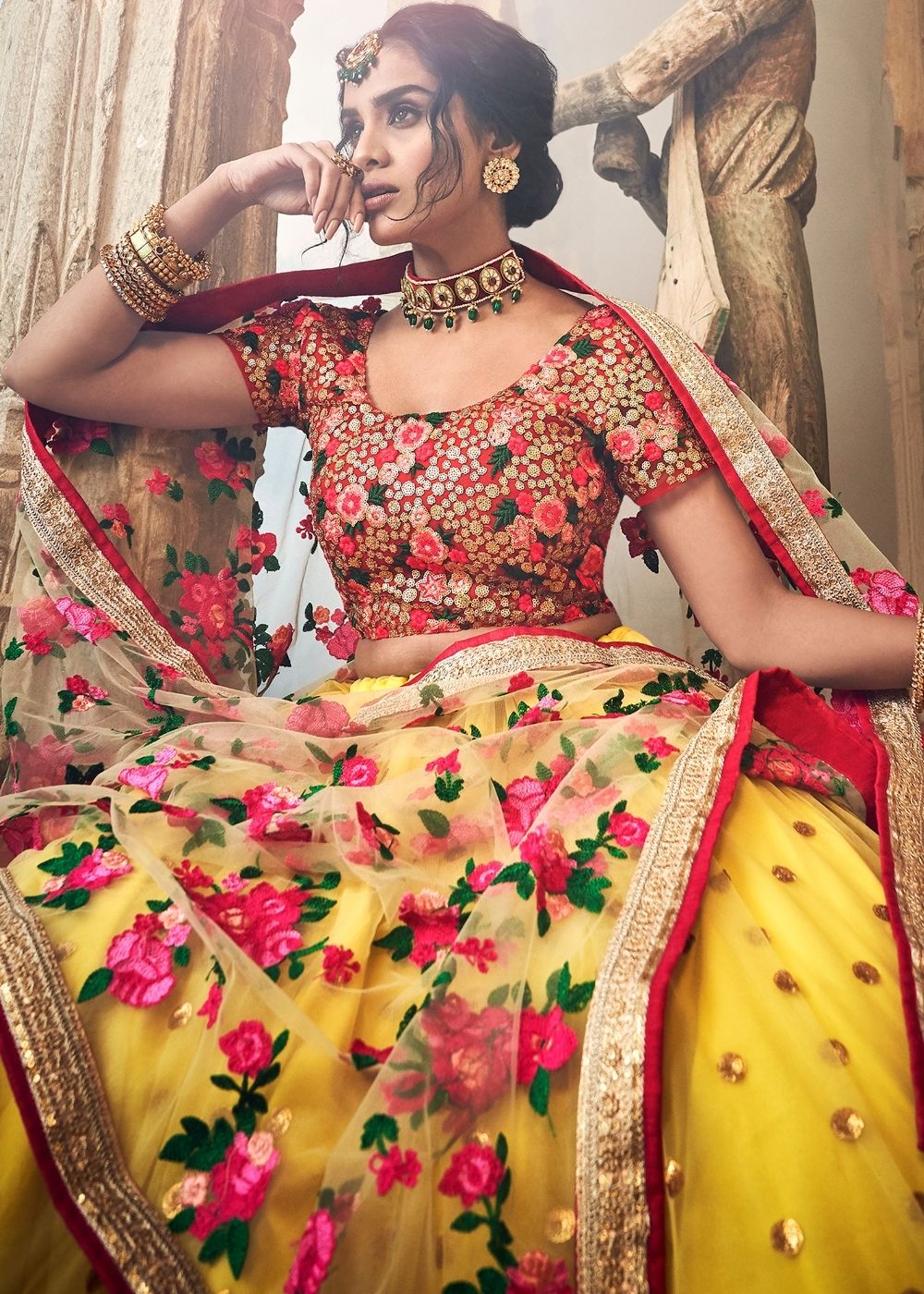 Electric Yellow Soft Net Lehenga Choli with Sequins,Thread & Zari work