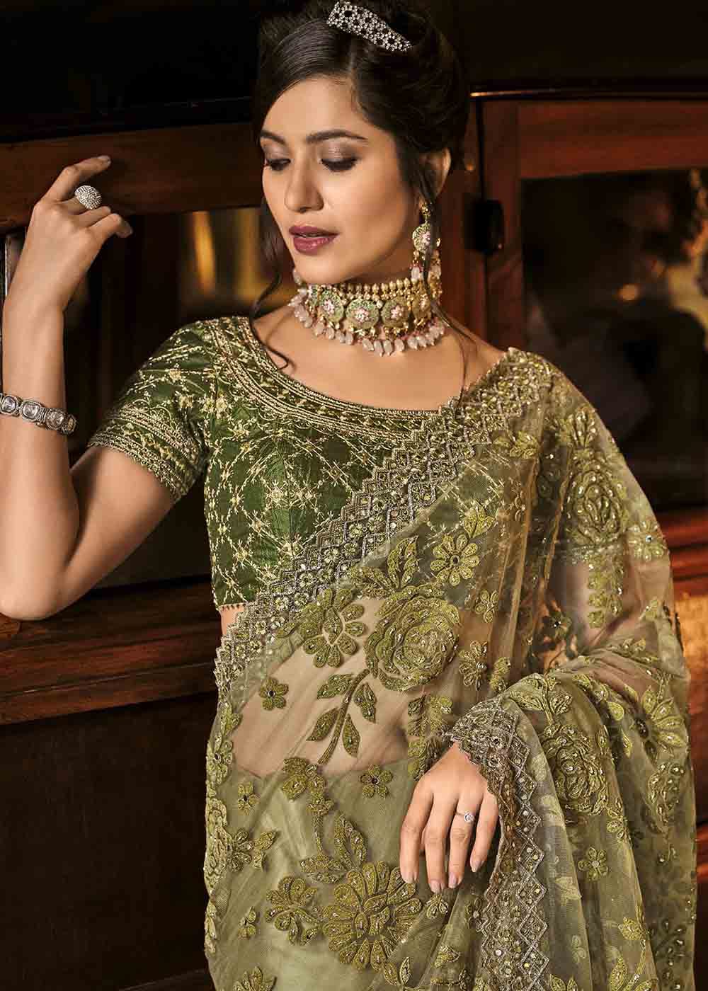 Mehendi Green Designer Net Saree with Jari, Mirror & Moti Cut Dana work: Top Pick