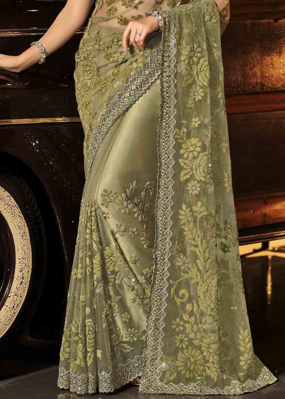 Mehendi Green Designer Net Saree with Jari, Mirror & Moti Cut Dana work: Top Pick