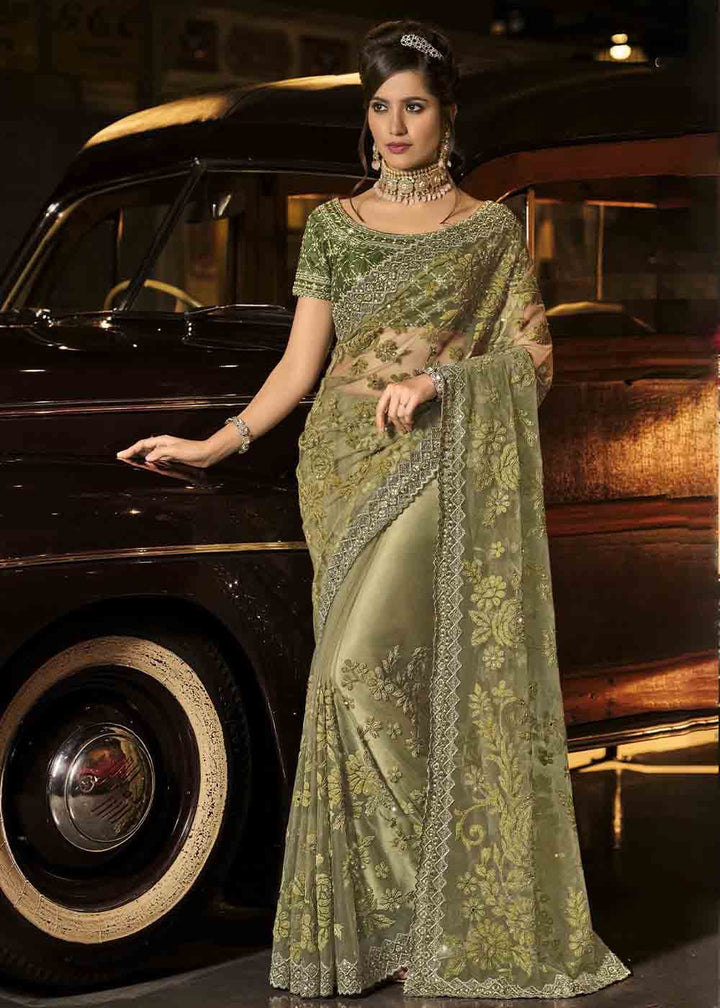 Mehendi Green Designer Net Saree with Jari, Mirror & Moti Cut Dana work: Top Pick