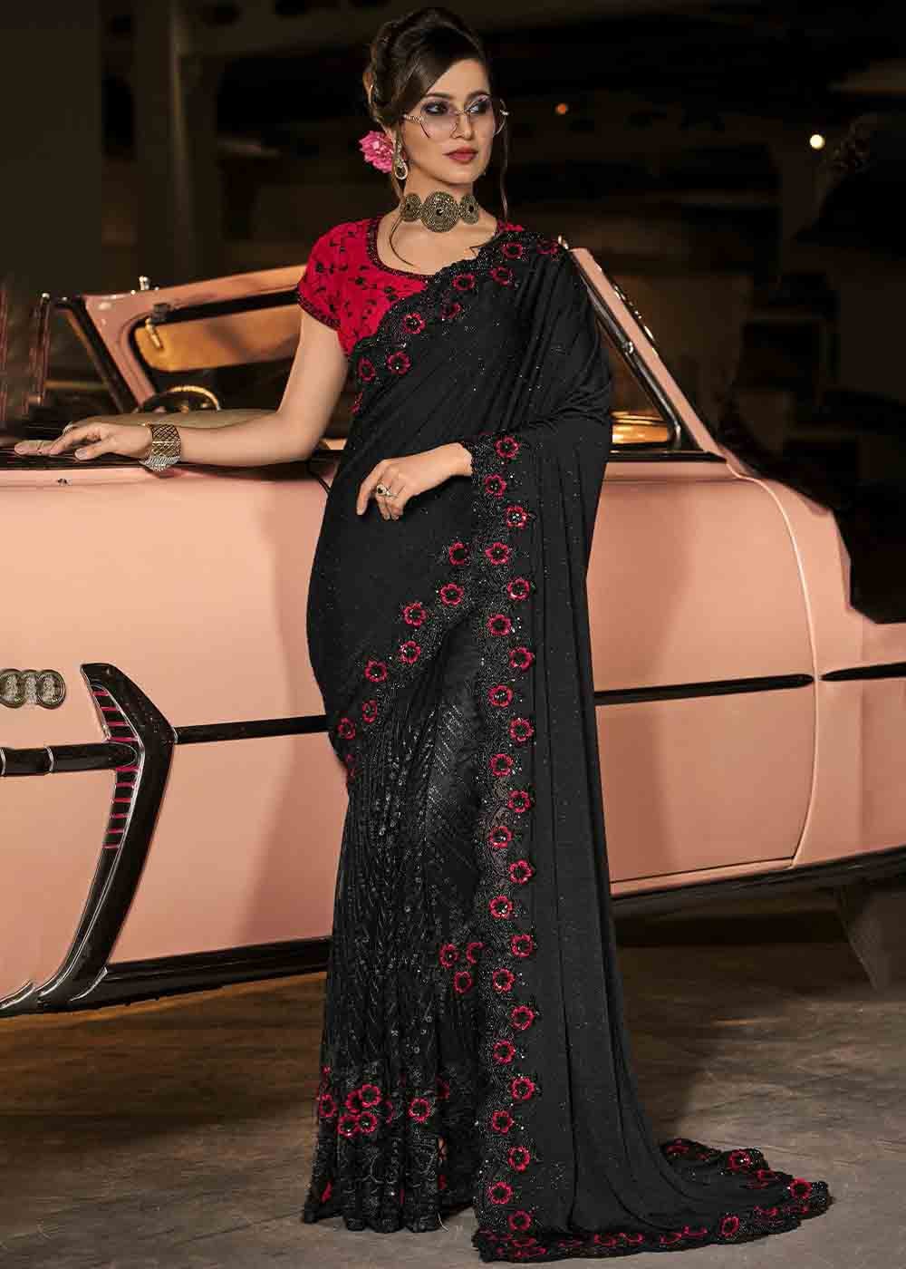 Midnight Black Designer Imported Fabric Saree with Diamond & Sequence work